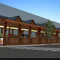 Traditional Commercial Street Featuring Wooden Storefronts Black Roofs Decorative Lights And Trees