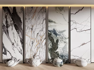Elegant Marble Stone Wood Display with Decorative Teapots and Unique Textures 3d model