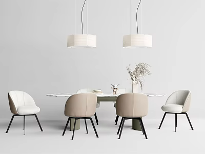 Minimalist Dining Table Set With Light Colored Chairs Hanging Pendant Lights And Vase With Plants 3d model