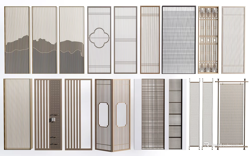 Various Modern Partition Designs With Geometric Patterns And Wood Metal Frames For Interior Space Division 3d model