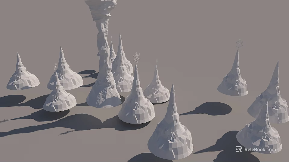 White Low Poly Cone Shaped Objects With Geometric Edges On Gray Background And Shadows 3d model