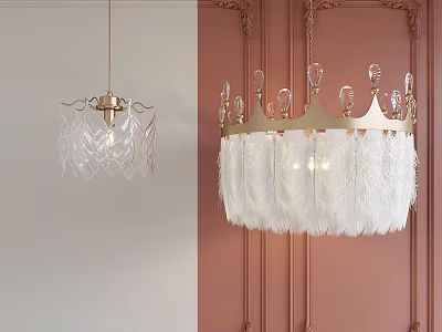 Crystal And Crown Shaped Chandeliers With Golden Frame White Feather On Pink Decorative Wall 3d model
