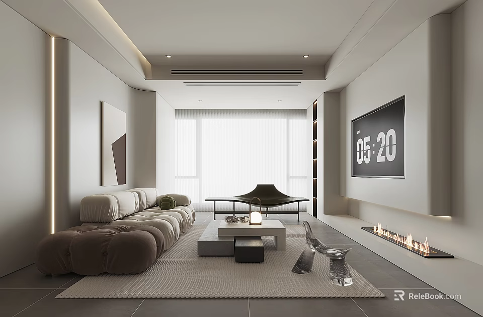 Modern Living Room Interior Design With Beige Sofa Coffee Table Wall-Mounted TV And Linear Fireplace 3d model 