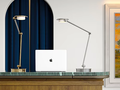 Gold And Silver Adjustable Arm Table Lamps On Wooden Desk With Navy Curtains And Laptop 3d model