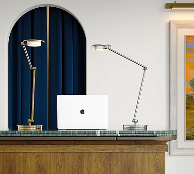 Gold And Silver Adjustable Arm Table Lamps On Wooden Desk With Navy Curtains And Laptop 3d model