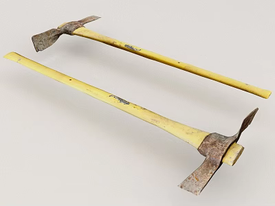 Hardware Tools Two Axes with Yellow Wooden Handles and Rusted Metal Heads 3d model