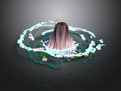 Scene Structure With Halo Long Hair and Circular Decorations Surrounded by Flowers and Green Elements 3d model