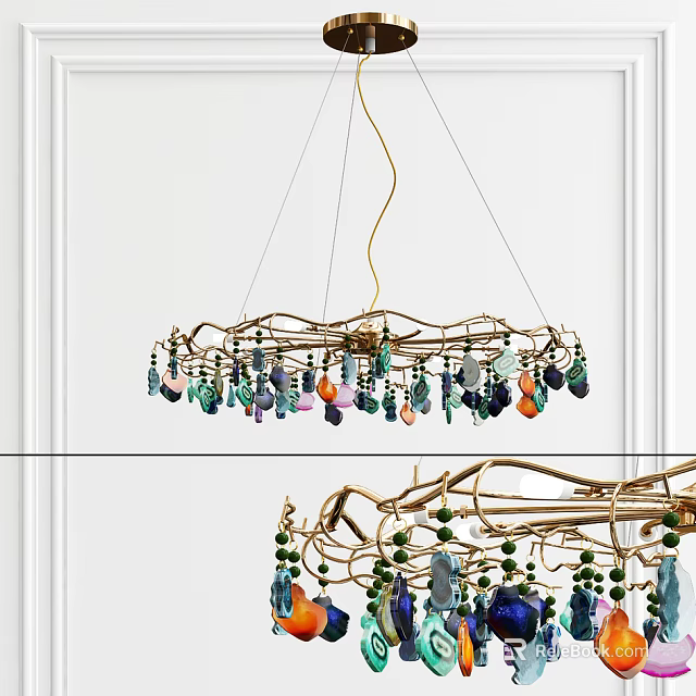 Artistic Modern Chandelier With Twisted Metal Frame And Colorful Glass Pendants 3d model 