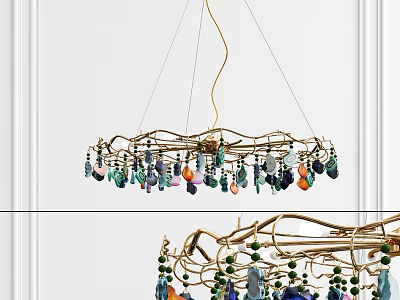 Artistic Modern Chandelier With Twisted Metal Frame And Colorful Glass Pendants 3d model
