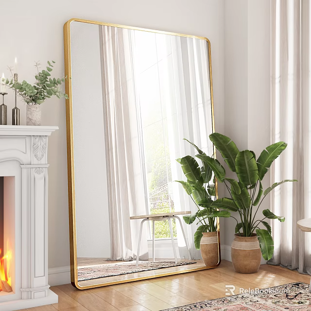 Large Gold Framed Mirror In Living Room With White Fireplace And Green Plant 3d model 