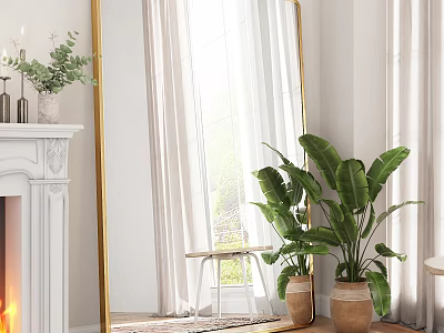 Large Gold Framed Mirror In Living Room With White Fireplace And Green Plant 3d model