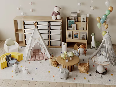 Kids Playroom With Tents Stuffed Toys Storage Shelves Balloons Animal Dolls And Colorful Rug 3d model