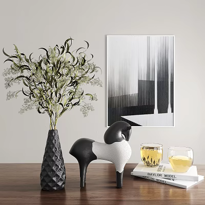 Decorative Ornament Set With Vase Greenery Horse Figurine Glass Cups Book And Abstract Wall Art 3d model