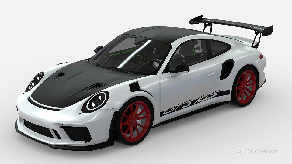 Porsche GT3 RS White Black Sports Car With Red Wheels And Rear Spoiler 3d model 