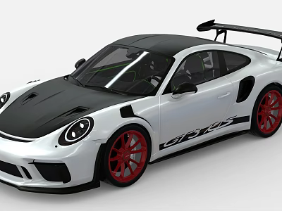 Porsche GT3 RS White Black Sports Car With Red Wheels And Rear Spoiler 3d model
