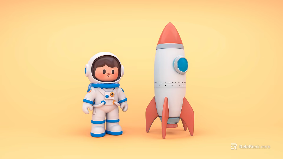 Cute Astronaut Toy Standing Next to Colorful Rocket Model on Yellow Background 3d model 