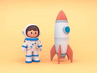 Cute Astronaut Toy Standing Next to Colorful Rocket Model on Yellow Background 3d model