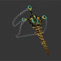 Fantasy Golden Sword With Green Gemstones And Decorative Chain Details