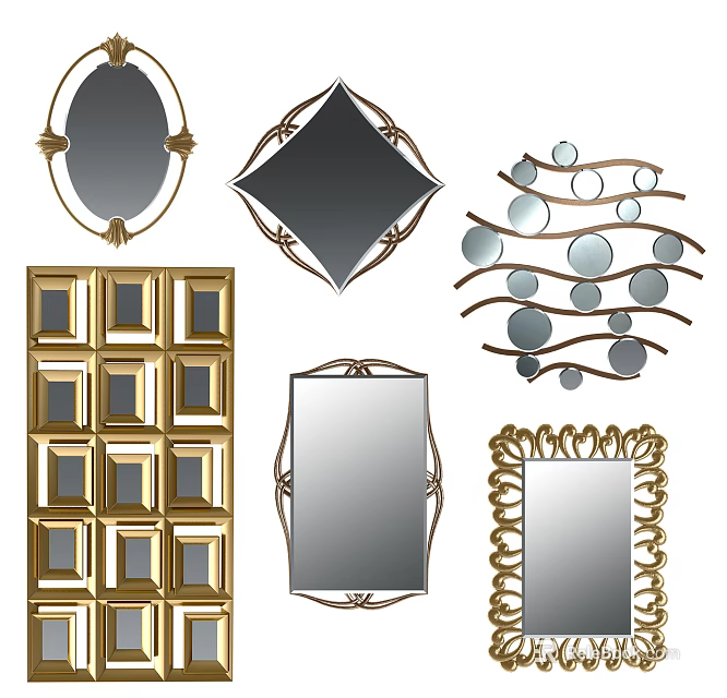 Various Decorative Mirrors Featuring Ornate Gold Frames And Unique Shapes 3d model 