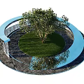 Decorative Garden Ornament With Curved White Water Feature Green Tree And Grass Area