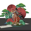 Ancient Style Photo Check In Spot with Red Fans Green Pine Trees and Artistic Decorations