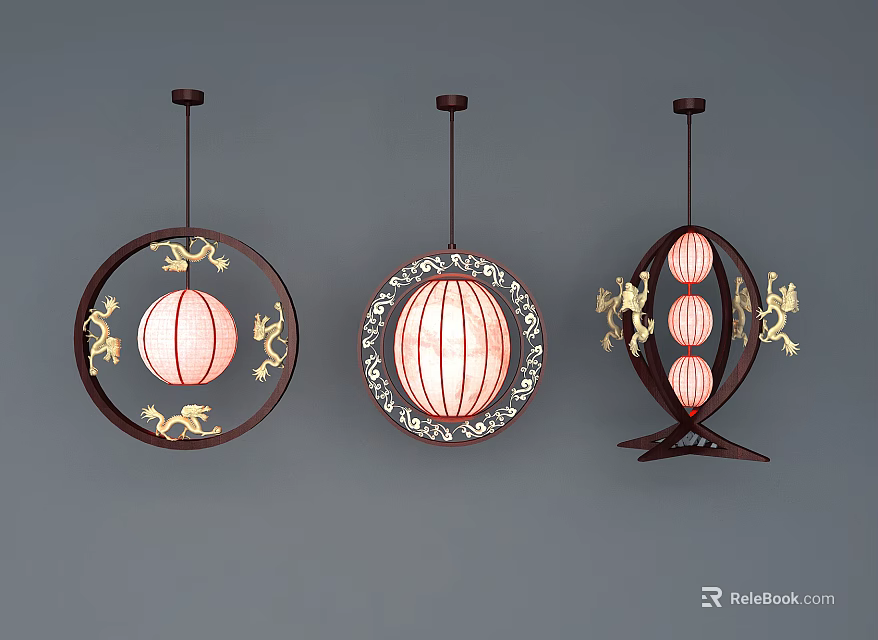 Three Chinese Style Chandeliers With Dragon Crystal Decorations Circular Frame And Red Lantern Design 3d model 