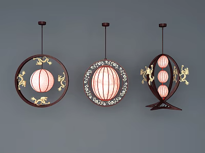 Three Chinese Style Chandeliers With Dragon Crystal Decorations Circular Frame And Red Lantern Design 3d model