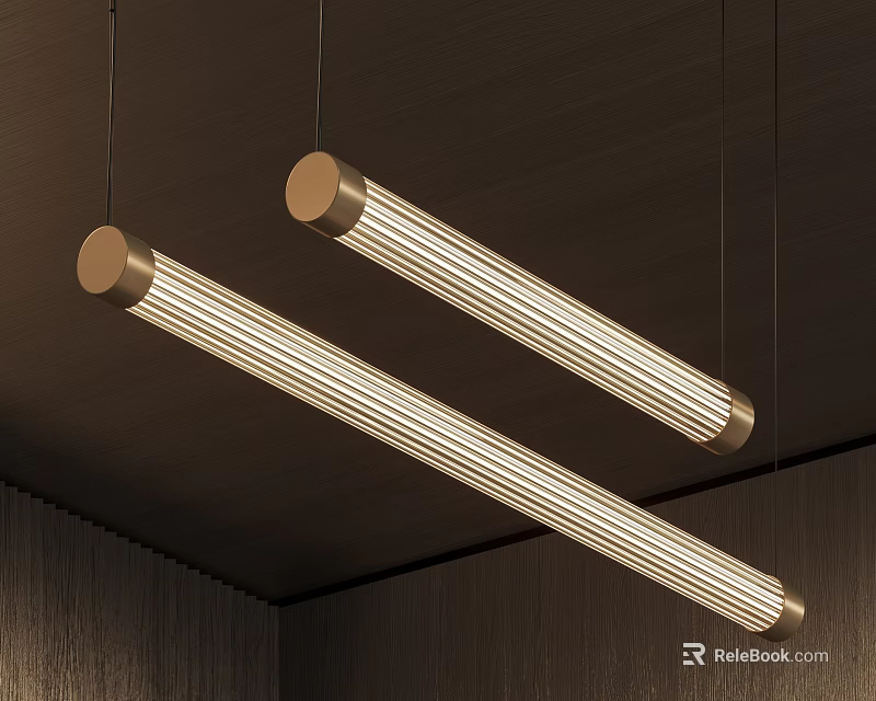 Modern Linear Brass Pendant Lights Hanging From Dark Ceiling With Warm Glow 3d model 