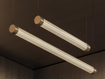 Modern Linear Brass Pendant Lights Hanging From Dark Ceiling With Warm Glow 3d model