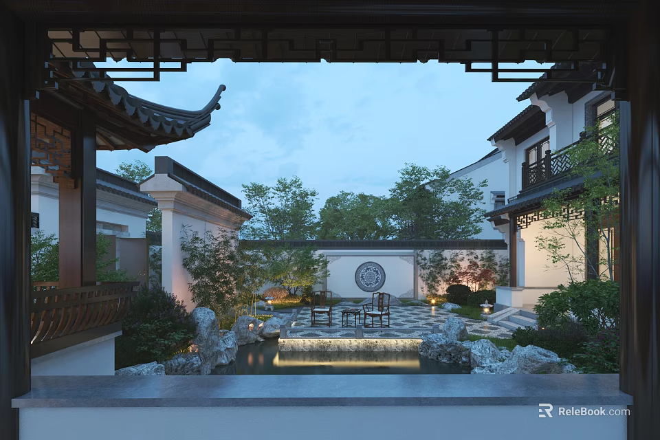 Traditional Chinese Garden Landscape With Classic Architecture Moon Gate Pond And Stone Decor 3d model 