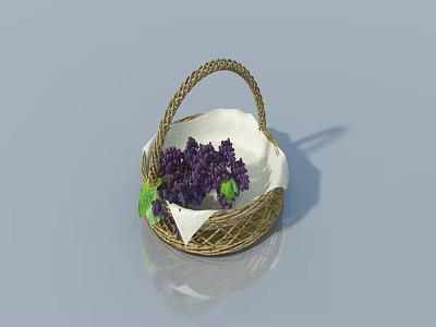 Woven Basket Dinnerware Set With White Cloth Lining And Purple Flowers 3d model