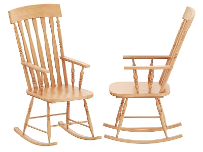 Two Light Colored Wooden Rocking Chairs With Traditional Design Slatted Backrest And Armrests 3d model