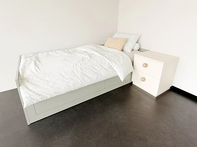 White Kids Bed with Soft Bedding and White Nightstand by White Walls Dark Floor 3d model