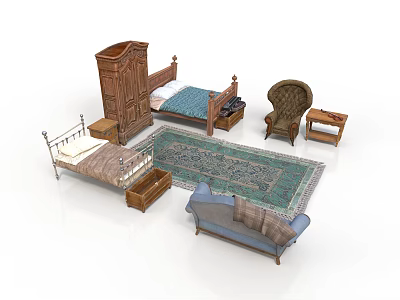 Vintage Bedroom Furniture Collection With Bed Wardrobe Sofa Chair And Rug 3d model
