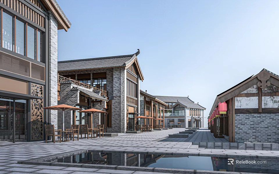 Traditional Chinese Commercial Street With Ancient Architecture Wooden Structure Water Pool And Street Seating Reflection 3d model 