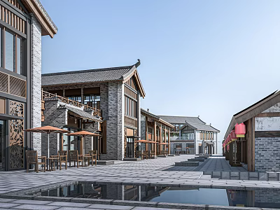 Traditional Chinese Commercial Street With Ancient Architecture Wooden Structure Water Pool And Street Seating Reflection 3d model