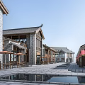 Traditional Chinese Commercial Street With Ancient Architecture Wooden Structure Water Pool And Street Seating Reflection