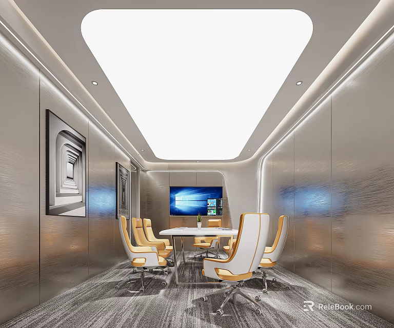 Modern Meeting Room Interior Design With Conference Table Chairs Metallic Walls And Display Screen 3d model 