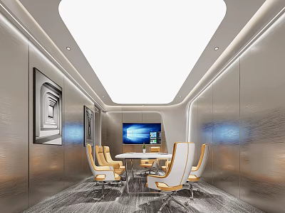 Modern Meeting Room Interior Design With Conference Table Chairs Metallic Walls And Display Screen 3d model