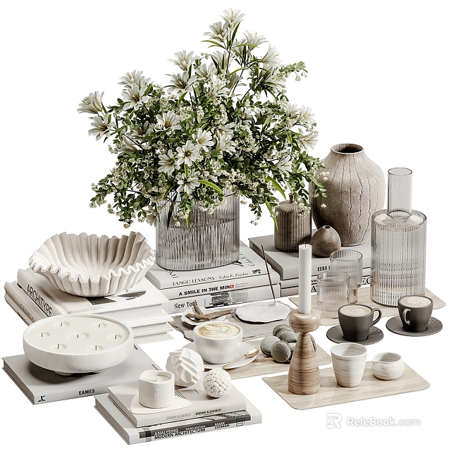 Elegant Decorative Ornament Set With White Flower Bouquet Vase Books And Scalloped Bowl 3d model 