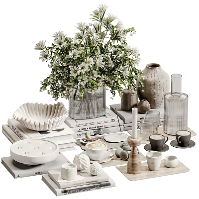 Elegant Decorative Ornament Set With White Flower Bouquet Vase Books And Scalloped Bowl 3d model