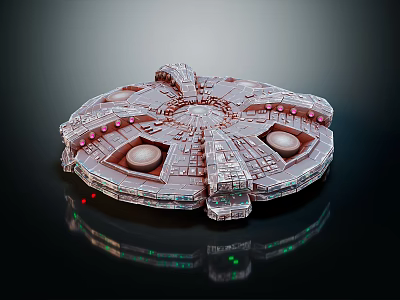 Detailed SciFi Spaceship 3D Model With Circular Structure And Colored Lights 3d model