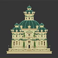 Classical Style Building Model With Green Domes Intricate Structure And Small Trees 3d model
