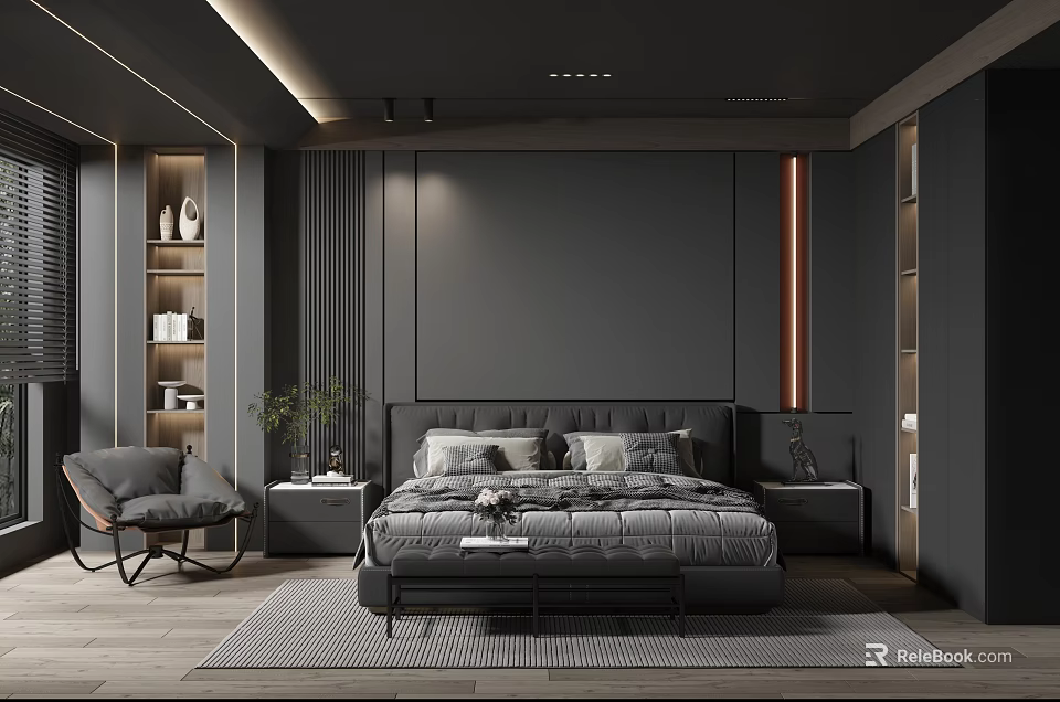 Modern Dark Bedroom Interior With Large Bed Nightstands Armchair And Lighting Strips 3d model 
