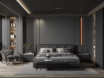 Modern Dark Bedroom Interior With Large Bed Nightstands Armchair And Lighting Strips 3d model