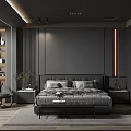 Modern Dark Bedroom Interior With Large Bed Nightstands Armchair And Lighting Strips
