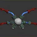 Mechanical Game Movie Character With Transparent Dome Head Green Body Red Arms And Metal Joints
