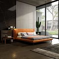 Modern Background Double Bed With Orange Leather Headboard Nightstand Cactus And Large Window View 3d model