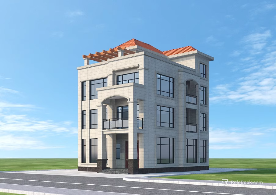 Multi Story Detached Villa With Red Roof Beige Exterior Windows And Balconies 3d model 