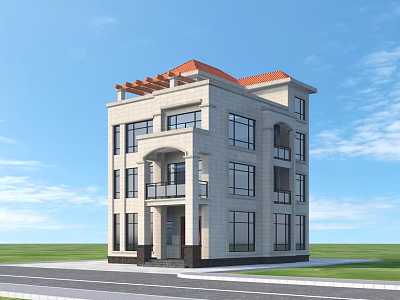 Multi Story Detached Villa With Red Roof Beige Exterior Windows And Balconies 3d model